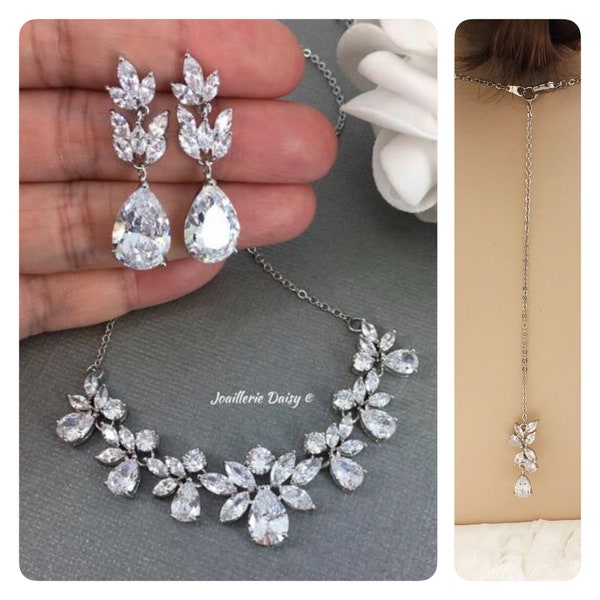 Bridal Backdrop Necklace Set, Wedding Day Bridal Necklace Jewelry, Silver Crystal Floral Necklace, Cubic Zirconia Jewelry, Jewelry for Bride
