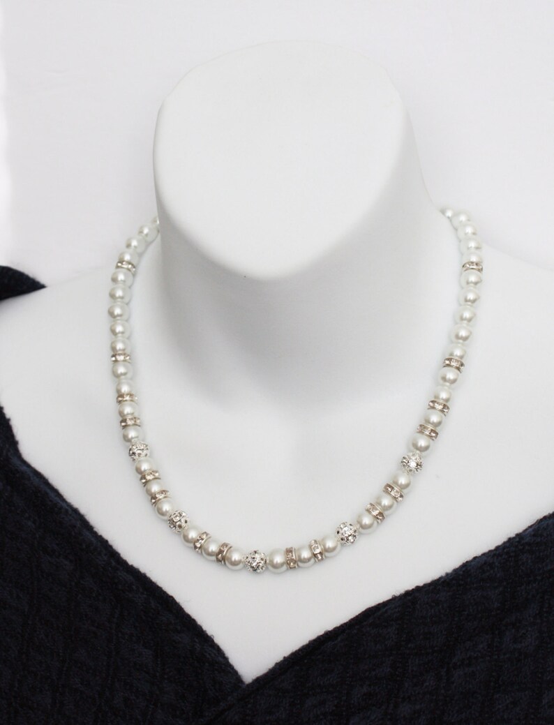 White Pearl Jewelry Set Rhinestones Necklace Set Bridesmaid Etsy