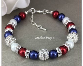 Red White and Blue Pearl Bracelet, Patriotic Jewelry, American Flag Jewelry, Veteran Gift, Patriotic July 4th, USA Independence Day