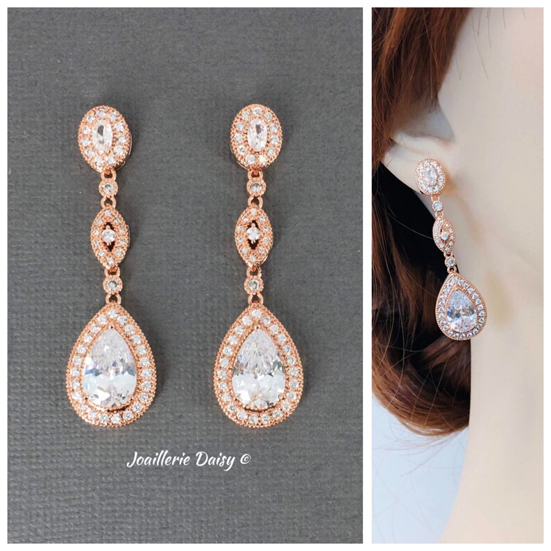 Bridal Statement Earrings Rose Gold Crystal Earrings Long Etsy