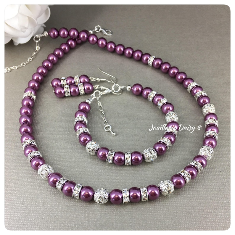 Prom Jewelry Gift for Bridal Party Wine Maid of Honor Gift Bridesmaid Purple Necklace Set Plum Pearl Bracelet Purple Wedding Jewelry