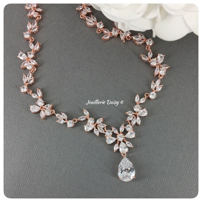 Rose Gold Cubic Zirconia Bridal Necklace Set Wedding Crystal | Etsy