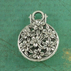 Large Antique Silver Flower Ornate Locket Style Charm Pendant - Measures 1 1/2&quot;