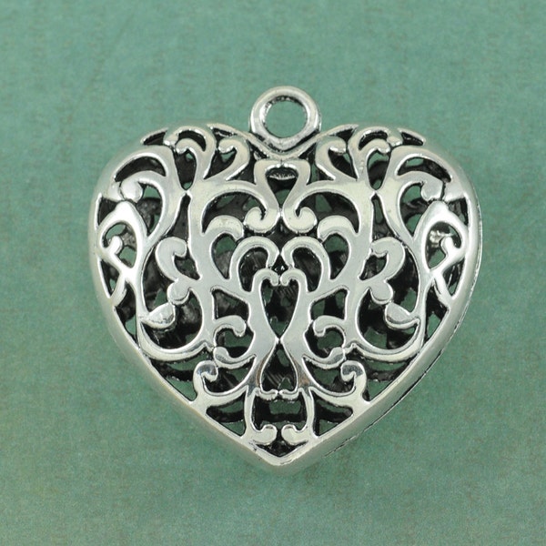 X-Large Antique Silver Filigree Heart Charm Pendant - Measures 2" - 3 Dimensional