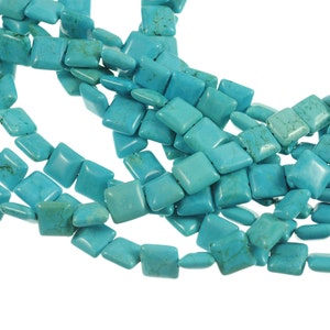 Turquoise Howlite 10mm Flat Square Gemstone Beads - Full 16&quot; Strand - About 39 Beads - Beautiful Blue Color