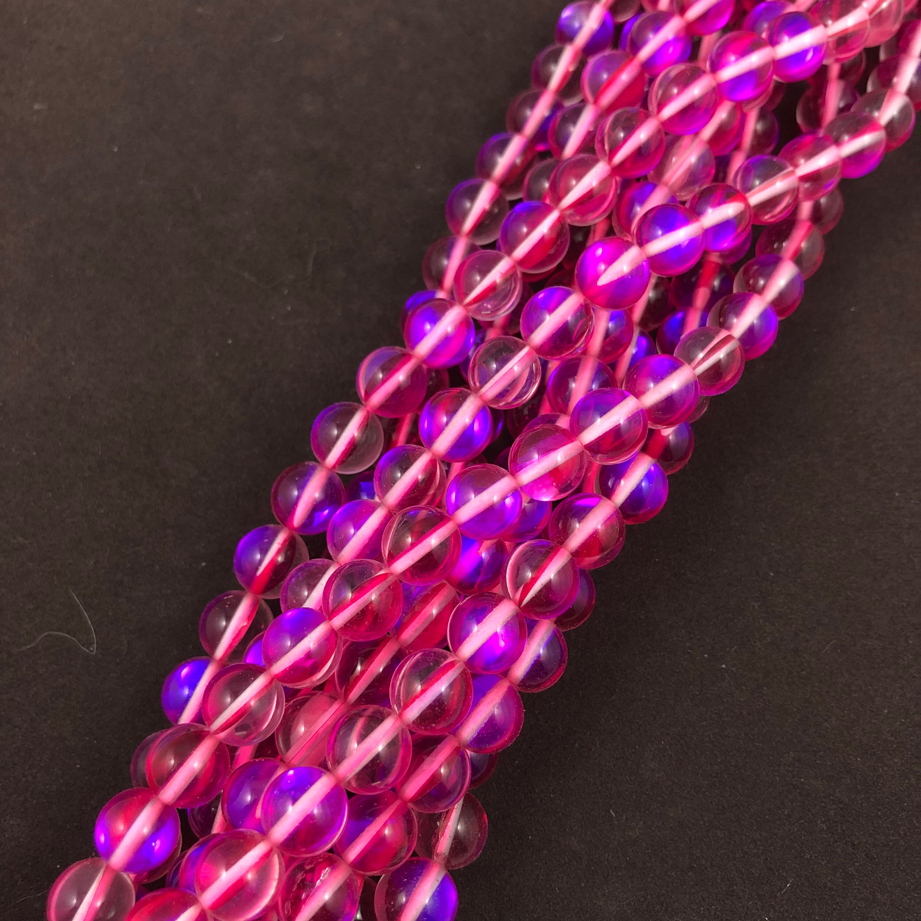 8mm Hot Pink Imitation Glass Moonstone | Mermaid Glass Round | 16in Strand