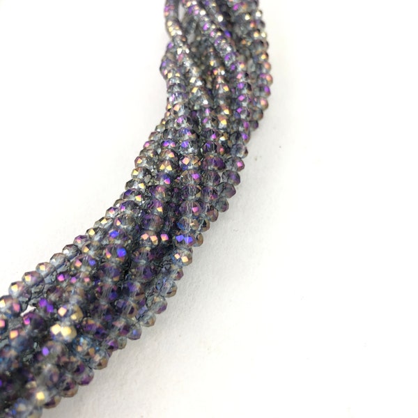 3x4mm Small Crystal Rondells Smokey Gray with Purple Luster  - Full 16" Strand, About 132 Rondell Beads