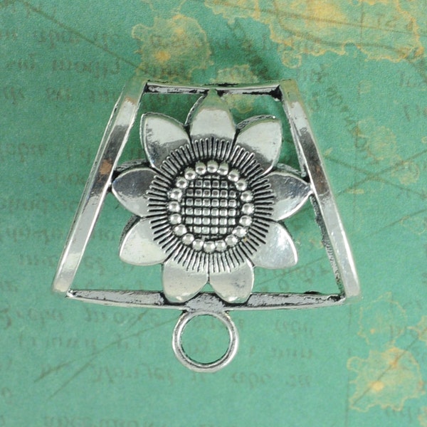 Large Sunflower Scarf Slider Bail - 1 5/8" Wide - Antique Silver FInish