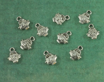 Silver Flower Basket Charms - Package of 10