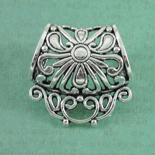 Large Decorative Filigree Design Scarf Slider Bail - Measures 1 1/4" Wide - Antique Silver Finish, Vintage Feel