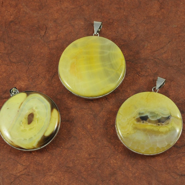 Large Dyed Yellow Agate Pendants - 2 1/4" Round Coin Pendants with Silver Bezel - Interesting Agate Designs