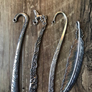 Set of 4 antique silver beading bookmarks |feather|hummingbird|flower|sun