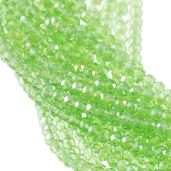 2x3mm Small Crystal Rondelles - Light Peridot Green with Shimmering Silver Finish - Full 16" Strand - About 173 2mm Roundel Beads