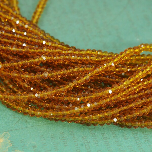 3mm Crystal Rondelles - Dark Honey Topaz Warm Amber Color - Full 16" Strand - About 160 Roundel Beads - Small Size