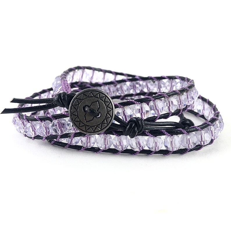 Light Amethyst Crystal 6mm Round Beads and Black Leather Wrap Bracelet