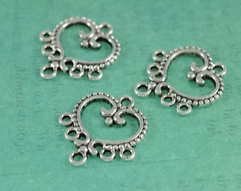Antiqued Silver Heart Chandelier Earring Findings with 5 Loops -12 pieces - Measures 11/16&quot; - Decorative Ornate Design