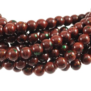 Opaque Mahogany Brown Smooth Glass 10mm Rounds - Full 16 inch Strand - Gold, Green & Black Speckling - Opaque Finish