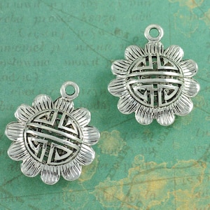 Antique Silver Geometric Asian Sun Flower Charm Pendant - Measures 1&quot; - Package of 2 Pieces