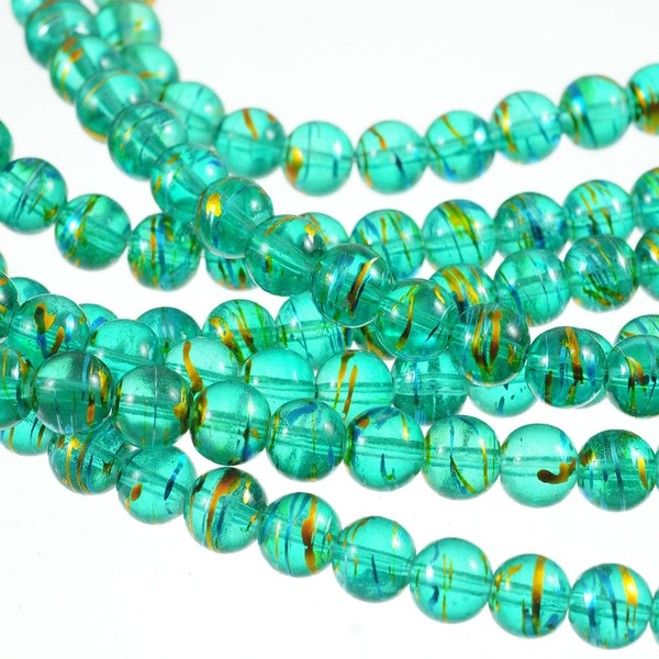 Transparent Bright Cyan Teal Blue Smooth Glass 10mm Rounds - Full 16 inch Strand - Gold & Dark Blue Speckling