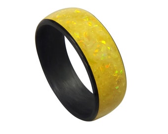 Carbon Fiber Ring with Amber Opal inlay - Handcrafted -Lightweight - Black Band - Custom Band widths