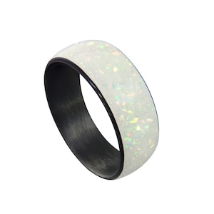 Carbon Fiber Ring with Pearl White Opal inlay - Handcrafted -Lightweight - Black Band - Custom Band widths