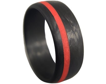 Carbon Fiber Ring with Red glow line- Handcrafted -Lightweight - Black Band - Custom Band widths