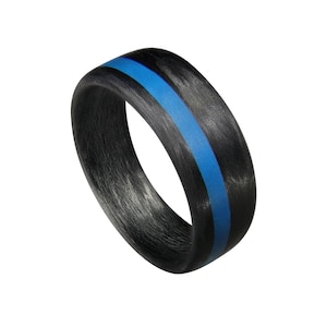 May include: A black carbon fiber ring with a blue stripe. The ring is a popular choice for first responders and law enforcement officers.