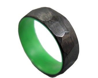 Carbon Fiber Faceted/Hammered Ring with Green Glowing Interior