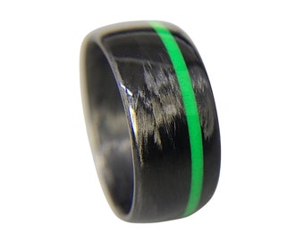 Carbon Fiber Ring with green glow inlay- Handcrafted -Lightweight - Black Band - Custom Band widths