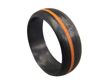 Carbon Fiber Ring with Orange glow inlay- Handcrafted -Lightweight - Black Band - Custom Band widths