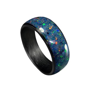 Carbon Fiber Ring with Space Titanium Opal inlay - Handcrafted -Lightweight - Black Band - Custom Band widths