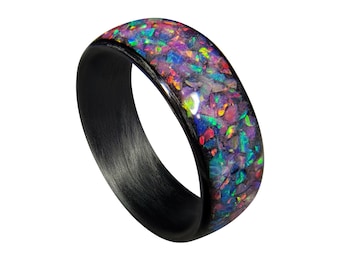 Carbon Fiber Ring with Nebula Opal inlay - Handcrafted -Lightweight - Black Band - Custom Band widths