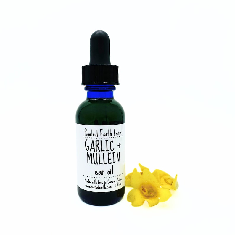 Garlic and Mullein Ear oil, 1 oz bottle with mullein flowers grown on our farm