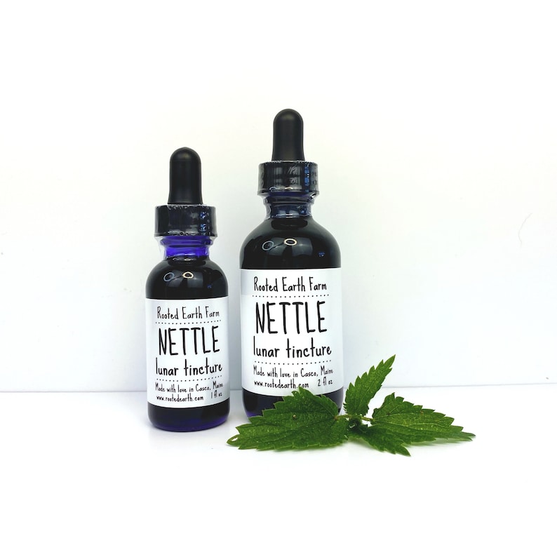 May include: Two glass bottles of nettle lunar tincture, one 1 oz and one 2 oz, with a white label that reads "Rooted Earth Farm" and "Nettle Lunar Tincture". Made with love in Casco, Maine. www.rootedearth.com. A green nettle leaf is in the foreground.