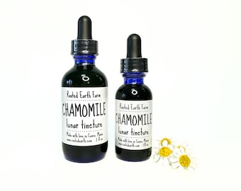 May include: Two dark blue glass bottles of chamomile lunar tincture with black droppers. The bottles have white labels with black text that reads "Chamomile lunar tincture". A few white and yellow chamomile flowers are to the right.