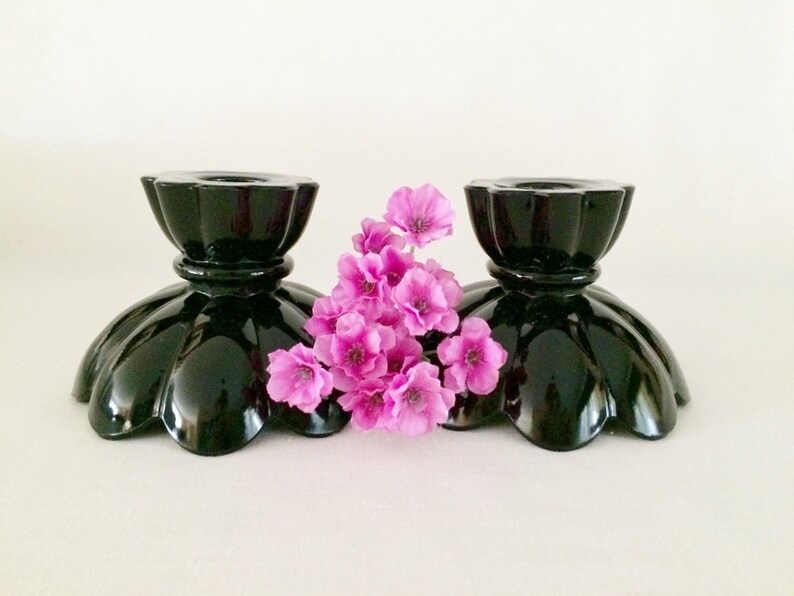 BLACK AMETHYST GLASS Candle Holders Scalloped Edge Black Etsy