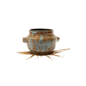 Vintage Hand Thrown Pottery Planter Small Blue Brown Drip Pottery Pine Cones