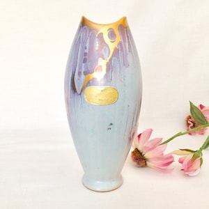 Rare Carstens Grafenroda German Gold Gilded Drip Vase - Blue Mauve & Gold German Pottery Vase