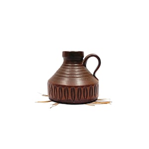 Vintage Brown Incised Studio Pottery Jug w/Handle - Signed Carved Pottery