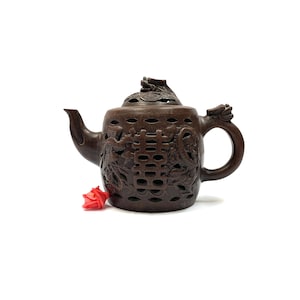 Vintage Yixing Clay Teapot Foo Dogs Reticulated