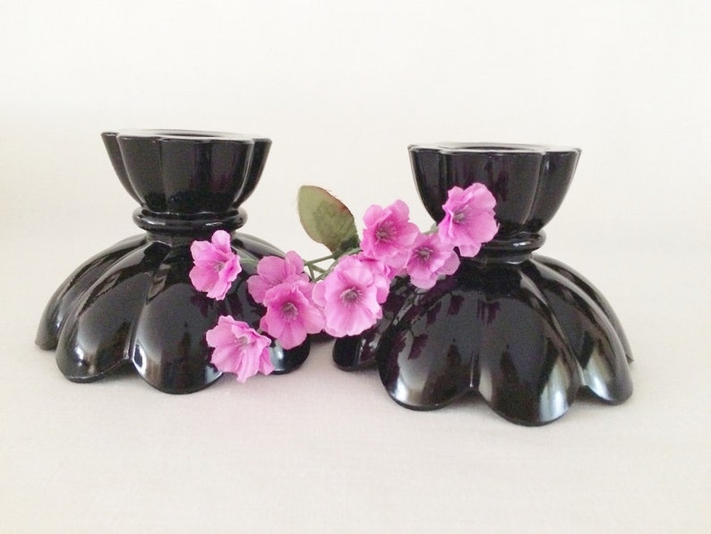 BLACK AMETHYST GLASS Candle Holders Scalloped Edge Black Etsy