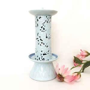 Rare Asian Celadon Pierced Porcelain Pillar Candle Holder Grape Vines