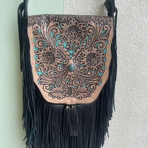 black leather sunflower fringe bag