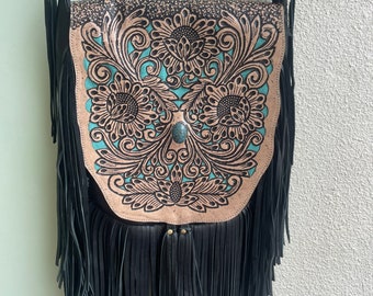 black leather sunflower fringe bag