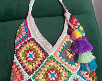 handcrochet patchwork bag with cute pompom charm