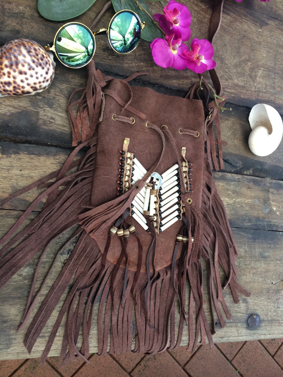 Brown suede fringe bag