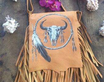 Hand painted boho fringe bag