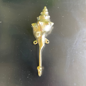 May include: A silver seashell shaped hook. The hook is designed to look like a conch shell with a long, curved stem.