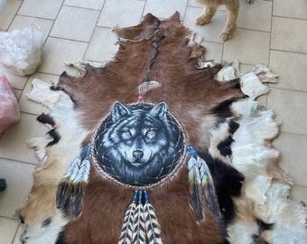 Wolf dreamcatcher    handpainted goat hide