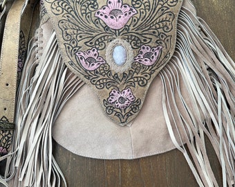 Suede fringe bag hand painted  boho design with  rose quartz